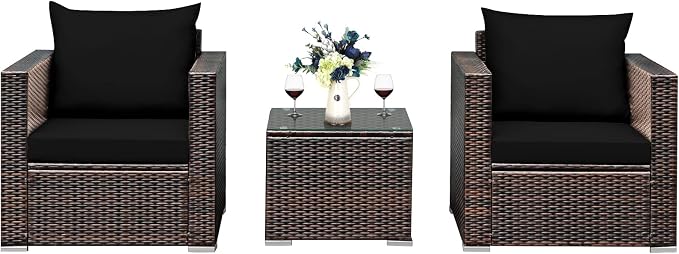 Patio Conversation Set Outdoor, 3-Piece Rattan Wicker Furniture Set with Water-Resistant Cushion & Tempered Glass Tabletop, Patio Furniture Set for Balcony, Porch, Poolside (Black)