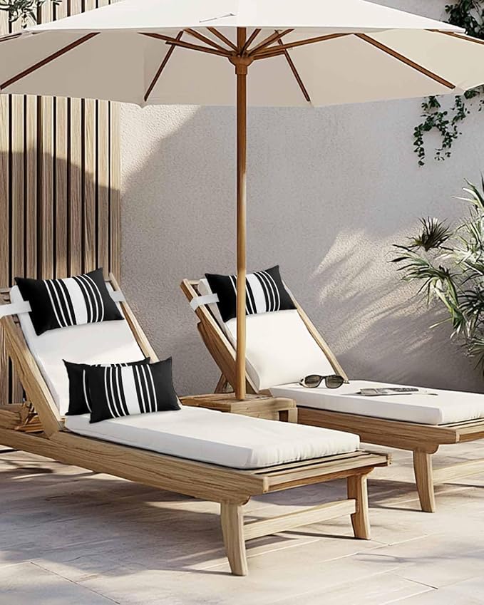 Outdoor Pillow for Lounge Chair with Strap & Insert Black Stripes Recliner Head Pillow Classic Striped Waterproof Headrest Patio Lumbar Pillows for Beach Pool Office Chaise Chair 11x16 Inch