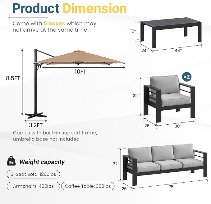 Wisteria Lane 5 Pieces Aluminum Patio Furniture Set with Umbrella, All Weather Oversized Outdoor Furniture Set with Deep Seat and Back Cushion, Patio Conversation Sets Wide armrest, Light Gray & Kahki