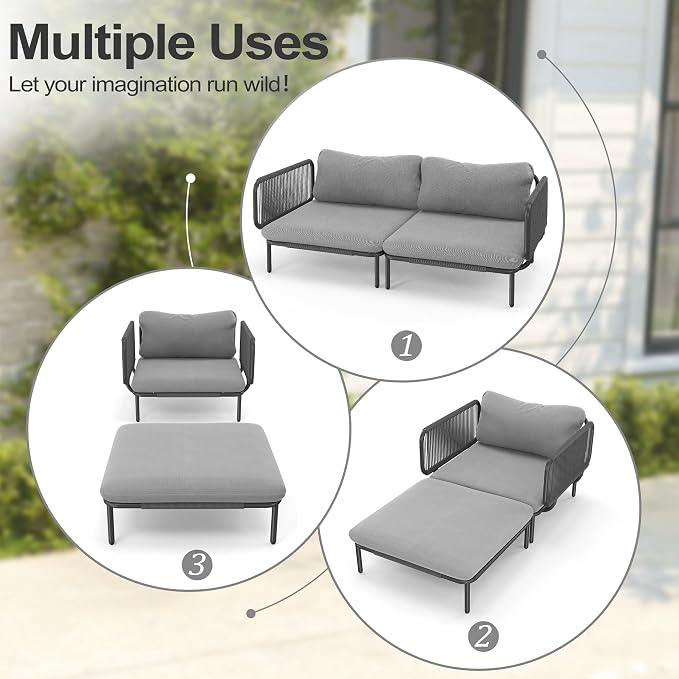 Patio Furniture Set, Outdoor Patio Furniture Oversized Metal Patio Sectional Sofa, 2-Seat Conversation Set with Cushion for Indoor and Outdoor, Black Frame & Dark Grey Mat (2 Seats 4 Armrests)