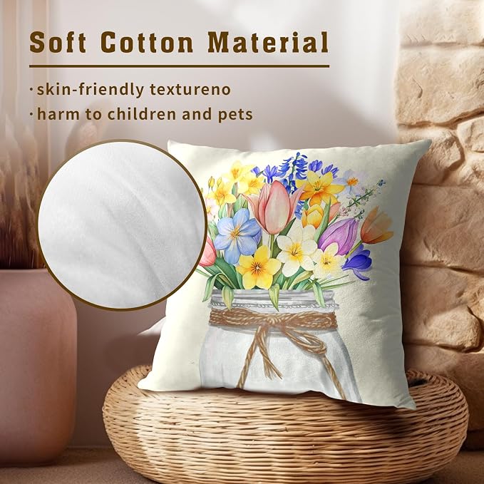 Spring Floral Pillow Covers 16x16, 2Pcs Set Easter Colorful Wildflowers Leaves Mason Jar Nature Seasonal Pillow Cases Soft Cotton Square Cushion Cover for Couch Bed Sofa Home Decor