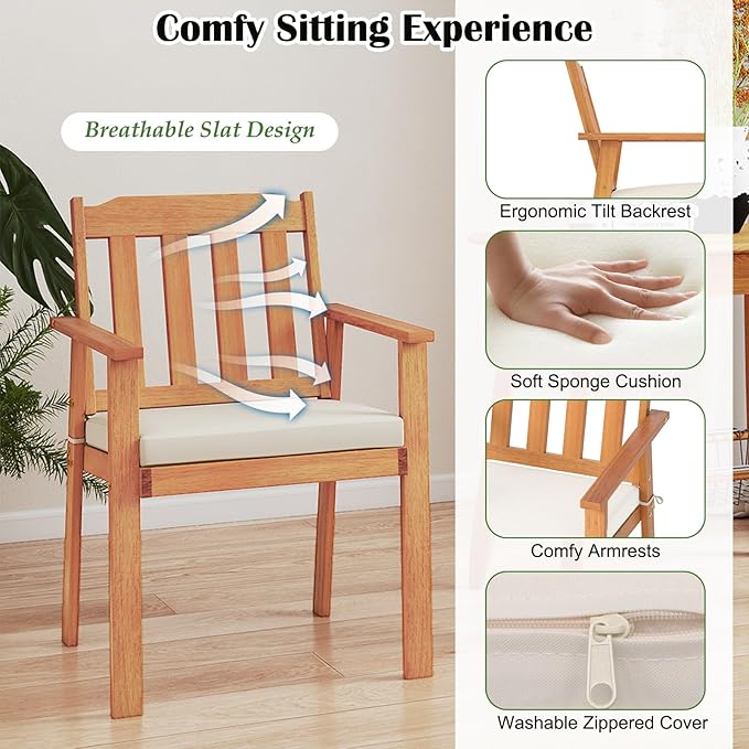 Tangkula 7 Pieces Patio Dining Table Set, 63” Rectangle Acacia Wood Table with Umbrella Hole and 6 Cushioned Armchairs, Outdoor Dinette Furniture for Garden Backyard Kitchen
