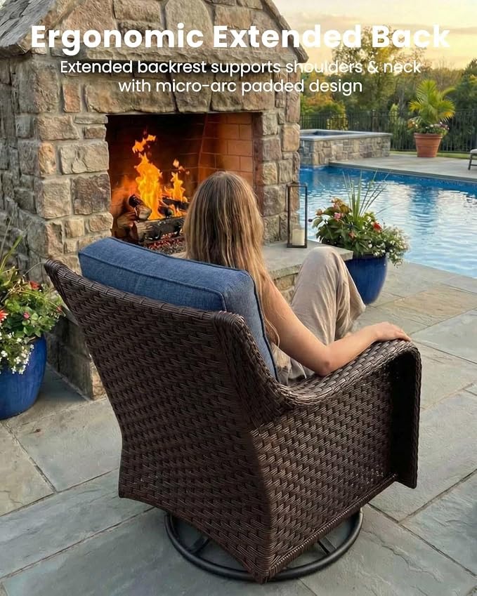 10 Pieces Outdoor Furniture Set with 6-inch Cushions, High Back Wicker Swivel Rocker Chairs with Fire Pit Table, Luxury Conversation Set for Deck Patio and Poolside