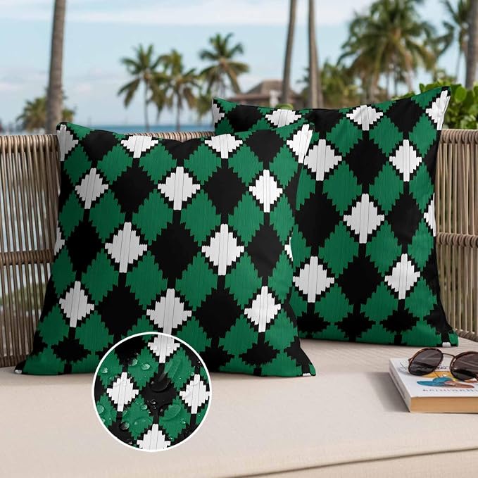 Vintage Rhombus Outdoor Waterproof Throw Pillow Covers Set of 2, 18"x18", Green Black White Decorative Pillow Covers Outside Cushion Case for Patio Porch Garden