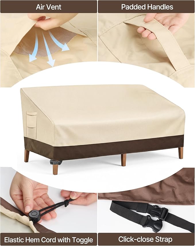 Vailge Heavy Duty Patio Sofa Cover, 100% Waterproof 3-Seater Outdoor Sofa Cover,Lawn Patio Furniture Covers with Air Vent and Handle,79" Wx 37" Dx 35" H,Beige&Brown
