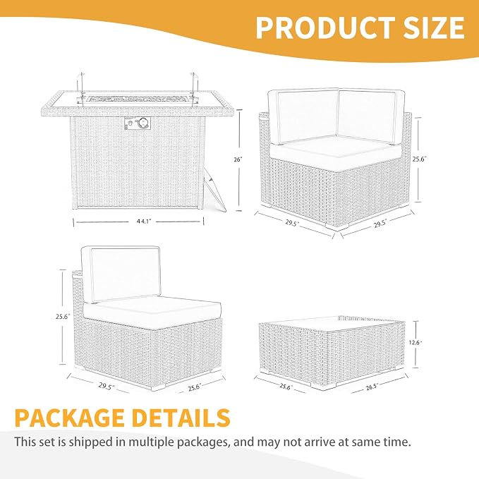LayinSun 8 Pieces Patio Furniture Set with Fire Pit Table, Black Rattan Modular Sectional Patio Conversation Sofa Set