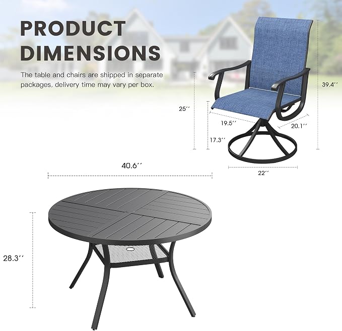 Outdoor Dining Set for 4, 40.7" Metal Round Outdoor Dining Table with Umbrella Hole and Sling Patio Swivel Chairs, 5 Pieces Patio Table and Chairs Set for Garden Backyard, Dark Blue and Black