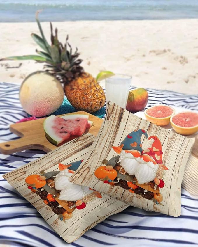 Outdoor Waterproof Throw Pillow Covers 24x24in, Fall Harvest Pumpkins Gnomes Cushions for Garden Patio Furniture Chairs Set of 2, Rustic Wood Grain Home Decor Couch Sofa Polyester Pillow Cases