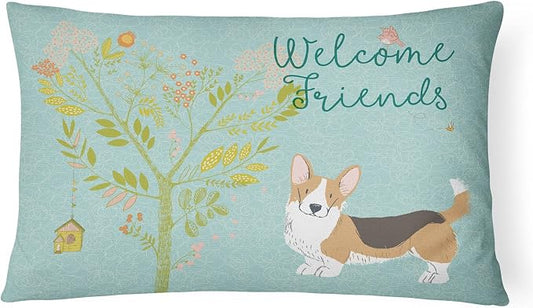 Caroline's Treasures BB7610PW1216 Welcome Friends Cardigan Welsh Corgi Tricolor Canvas Fabric Decorative Pillow Machine Washable, Indoor Outdoor Decorative Pillow for Couch, Bed or Patio, 12HX16W