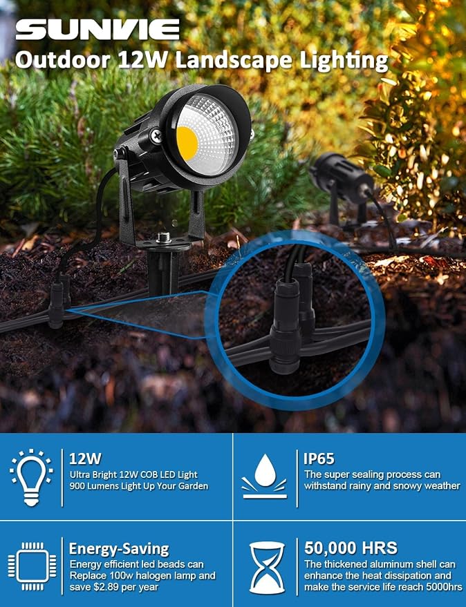 SUNVIE 12V Low Voltage LED Landscape Lights Outdoor with Spike Stand 8Pack | 12-24V 3000K Waterproof 900LM Yard Pathway Garden Lights Wired Wall Tree Flag Landscape Spot lights Outdoor (No Connector)