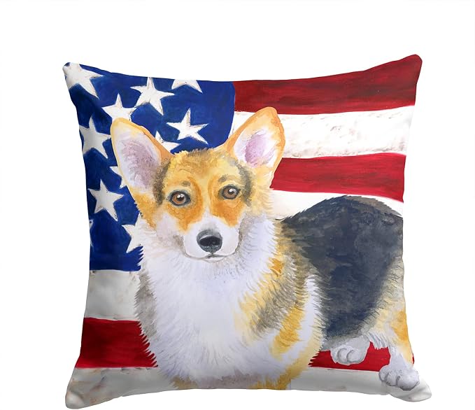 Caroline's Treasures BB9642PW1414 Pembroke Corgi Patriotic Fabric Decorative Pillow Machine Washable, Indoor Outdoor Decorative Pillow for Couch, Bed or Patio, 14Hx14W