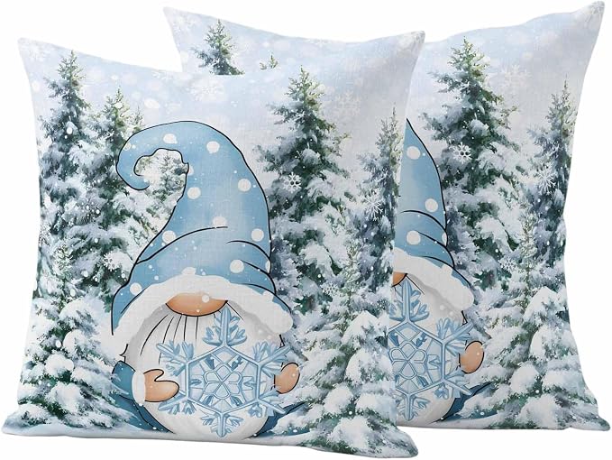 Christmas Gnome Outdoor Pillow Covers Set of 2, Xmas Blue Snowflake Decorative Waterproof Throw Pillowcase Winter Snowy Pine Forest Cotton Linen Soft Cozy Cushion Cover Pillowsham 20x20In