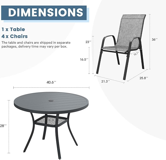 DIFY 5 Piece Outdoor Dining Set, 40" Round Metal Patio Table and Textilene Stackable Chairs for 4, All Weather Patio Furniture Set with Umbrella Hole for Backyard Garden Deck, Grey