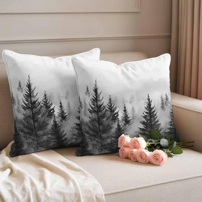 Retro Mist Forest Waterproof Outdoor Pillow Covers Set of 2 Home Decor, Watercolor Mountains Nature Landscape Pillowcase Patio Pillow Covers for Couch Bench Furniture Garden 26x26in