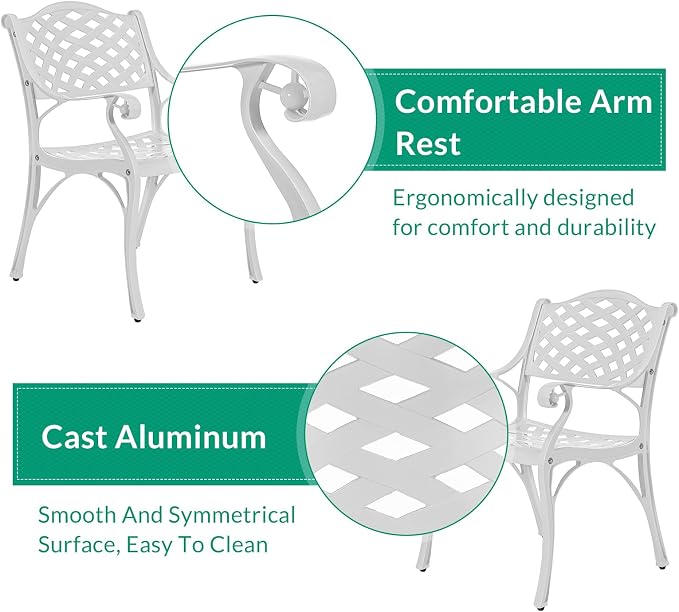 VIVIJASON 3-Piece Patio Furniture Dining Set, All-Weather Cast Aluminum Outdoor Bistro Set, Include 2 Dining Chairs and 35.4" Round Table w/ 2" Umbrella Hole for Balcony, Lawn, Garden, Backyard, White