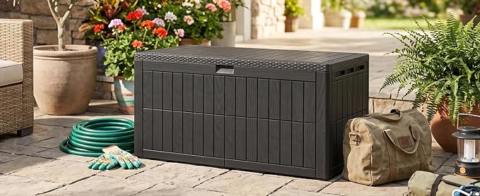 100 Gallon Outdoor Storage Box, Water proof Resins Deck Box with Lockable Lid, U V Resistants for Patio Furniture Garden Tools Pool Supplies 160x77x68cm / 63.0x30.3x26.8in