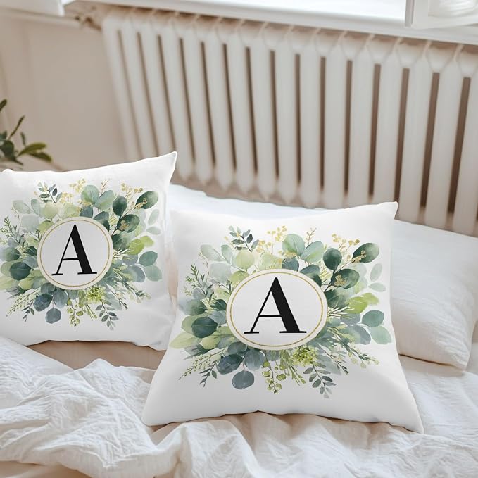 Letter A Waterproof Outdoor Pillow Covers Set of 2 Home Decor, Alphabet Green Eucalyptus Leaves Pillowcase Patio Pillow Covers for Couch Bench Patio Furniture Garden 18x18in