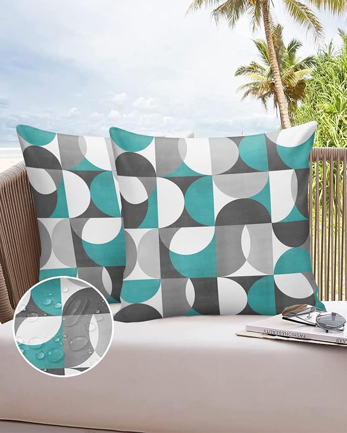 Vandarllin Outdoor Throw Pillows Covers 26x26 inch Set of 2 Waterproof Mid Century Geometric Decorative Zippered Cushion Covers for Patio Furniture, Abstract Modern Teal Lumbar Pillowcases