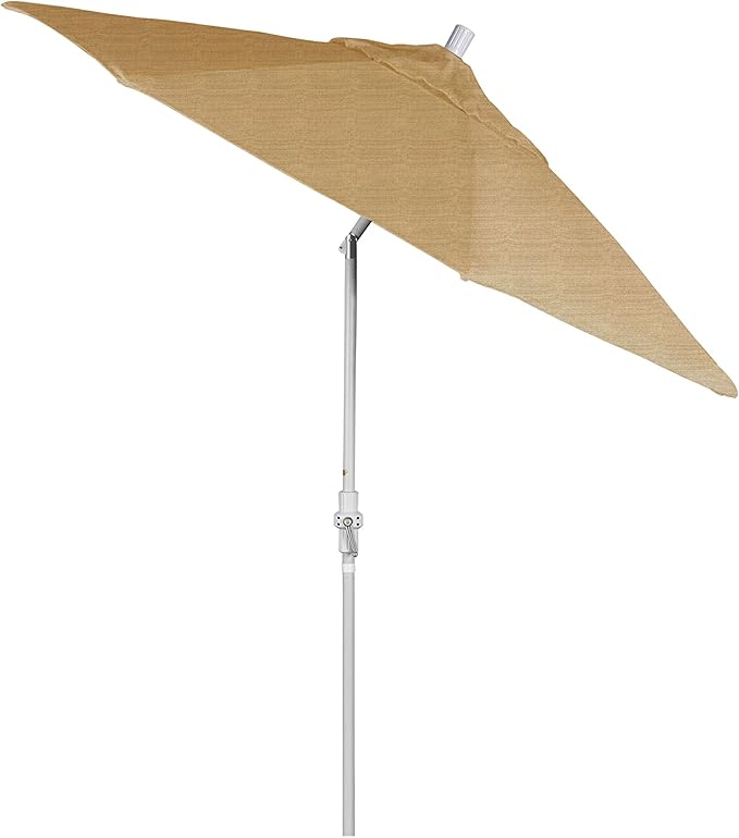 California Umbrella 9' Round Aluminum Patio Umbrella, Crank Lift, Collar Tilt, White Pole, Sunbrella Linen Sesame