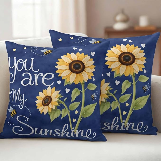 Outdoor Pillow Covers You are My Sunshine Words Decorative Throw Pillow Covers, Farm Sunflowers Bee on Blue Throw Cushion Case with Zipper for Patio,Couch,Sofa,Garden 16x16in Set of 2
