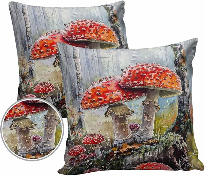 Outdoor Waterproof Throw Pillow Covers 24x24in, Fall Thanksgiving Harvest Mushrooms Cushions for Garden Patio Furniture Chairs Set of 2, Season Forests Home Decor Couch Sofa Polyester Pillow Cases