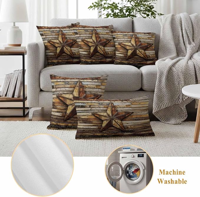 Retro Star Outdoor Waterproof Throw Pillow Covers Set of 2, 18"x18", Abstract Metal Stars Old Weathered Wood Grain Decorative Pillow Covers Outside Cushion Case for Patio Porch Garden
