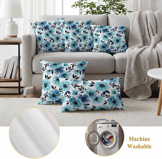 Botanical Floral Leaves Outdoor Pillow Covers 26"x26" Set of 2, Watercolor Painting Blue Gradient Blooms Waterproof Throw Pillow Covers for Patio Furniture, Decorative Cushion Covers for Porch