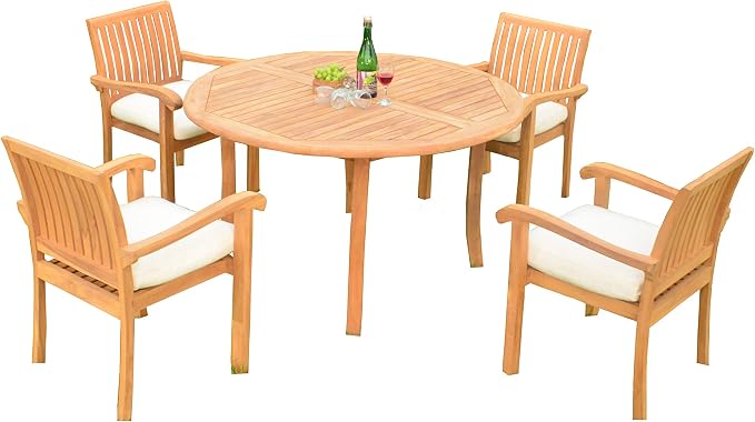 5 PC A Grade Outdoor Patio Teak Dining Furniture Set - 52" Round Table & 4 Naples Stacking Arm Chairs