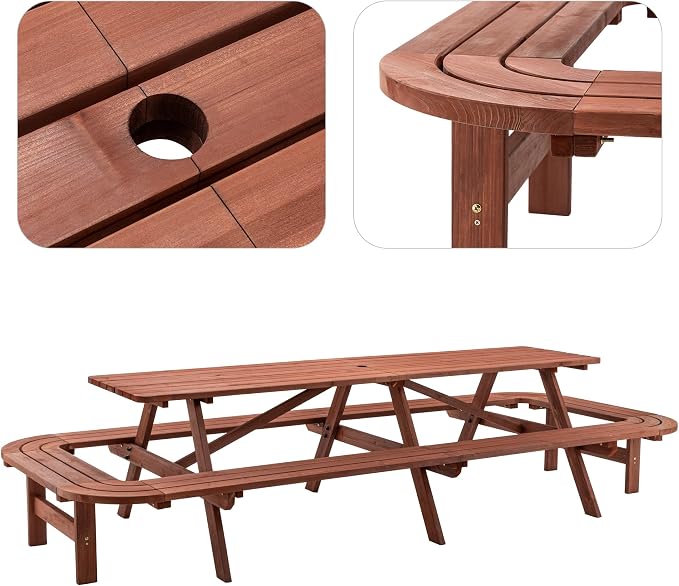 121'' Large Outdoor Dining Table, Rectangular Wooden Patio Dining Table & 2 Built-in Bench for 16, 2" Umbrella Hole, Suitable for Backyard Garden Porch, Brown