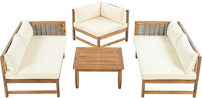 LUMISOL 4-Piece Outdoor Acacia Wood Sofa Set with Water Resistant Cushions, All Weather Patio Conversation Set with Coffee Table for Garden, Backyard, Poolside, Teak+Beige