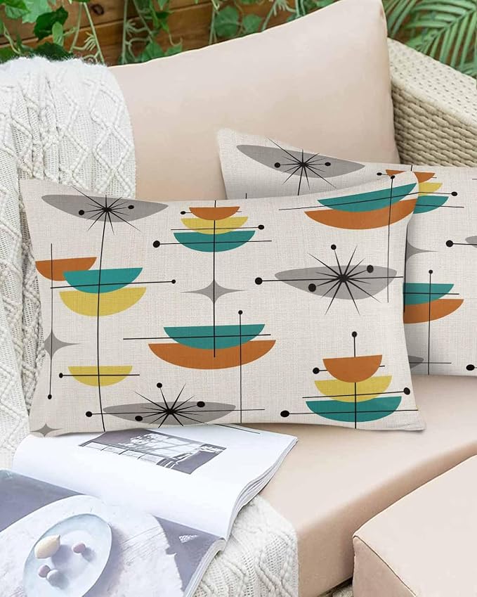 Vandarllin Outdoor Throw Pillows Covers 20x12 inch Set of 2 Waterproof Boho Mid Century Decorative Zippered Cushion Covers for Patio Furniture, Yellow Orange Geometric Abstract Lumbar Pillowcases