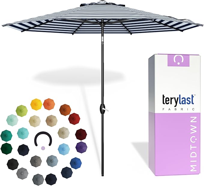 Midtown Umbrellas - 10-Year-No-Fade 10 Ft Patio Umbrella with Terylast Fabric, Auto-Tilt Aluminum Frame and 8 Reinforced Ribs for Deck, Pool, Garden & Beach - Navy Stripes Canopy, Black Pole