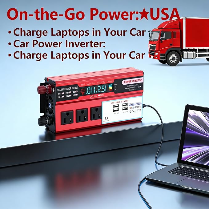 1000W Power Inverter for Vehicles,DC 12V to 110V AC,3 AC Outlets & 4 USB Ports car Plug in Adapter Outlet with 1 Cigarette Lighter Ports car Power Inverter