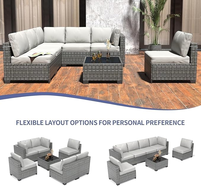 7 Piece Patio Furniture Set, All-Weather PE Wicker Sectional Sofa with Tempered Glass Coffee Table - Outdoor Conversation Set for Poolside, Garden, Porch in Grey + Light Grey