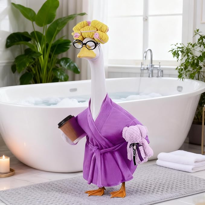 Lady Porch Goose Outfits,Bathrobe Porch Goose Statue Costume with Curlers Reading Glasses Coffee Cup Towel, Cute Goose Clothes for 23-Inch Cement Statue, Lawn Yard Garden Patio Decor(Dark Purple)