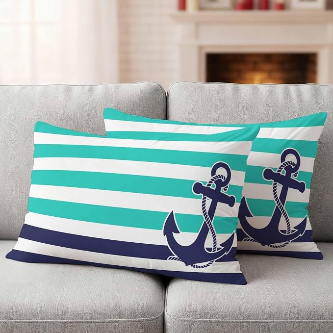 Lumbar Pillow Covers 20x12 Inch Set of 2, Anchor Turquoise Waterproof Outdoor Cushion Covers, Modern Navy Blue White Striped Nautical Decorative Pillowcases for Couch, Sofa, Bed, Garden, Patio