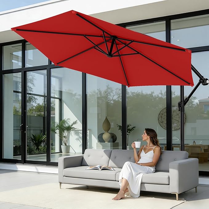 AreShark 10FT Patio Outdoor Umbrella, Offset Patio Umbrella Cantilever Umbrella, 6 Sturdy Ribs, Easy Adjustment for Garden Market Pool with Cross Base (Red)