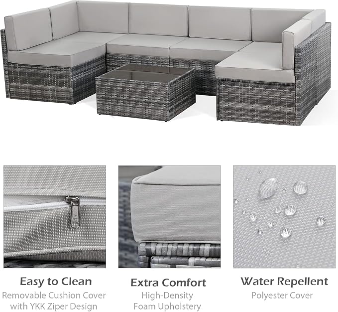 U-MAX 7 Piece Outdoor Patio Furniture Set, PE Rattan Outdoor Wicker Sectional Furniture Chair Set with Cushions and Tea Table, Grey Rattan and Grey Cushion