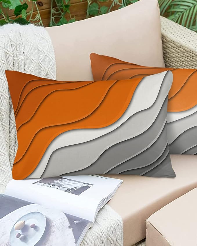 Outdoor Waterproof Pillow Covers for Patio Furniture Orange Grey Modern Geometric Decorative Throw Pillow Cover Abstract Beach Pillowcases Set of 2 Cushion Case for Sofa Couch 20 x 12 Inches