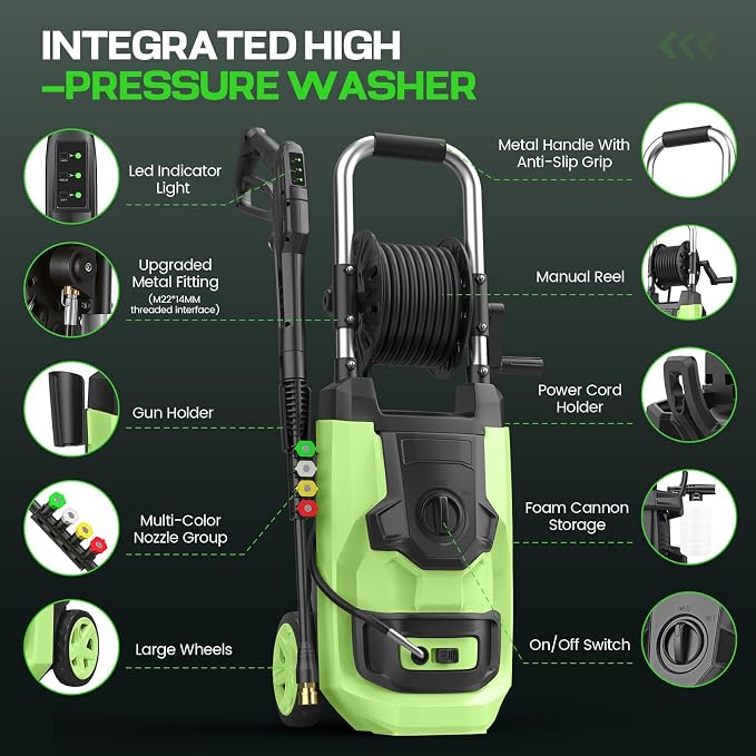 Electirc Pressure Washer 5000 PSI with 3 Levels Adjustable Pressure Gun, Portable Pull-Handle, 4 Nozzles and Foam Cannon, Heavy Duty Pressure Cleaner for Home/Car/Fence/Garden, Green