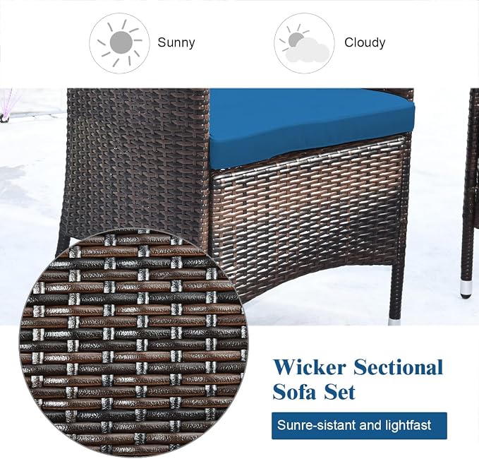 Tangkula 4 Pieces Patio Rattan Conversation Set with Tempered Glass Coffee Table & Thick Cushion, Wicker Set for Garden, Lawn, Poolside and Backyard
