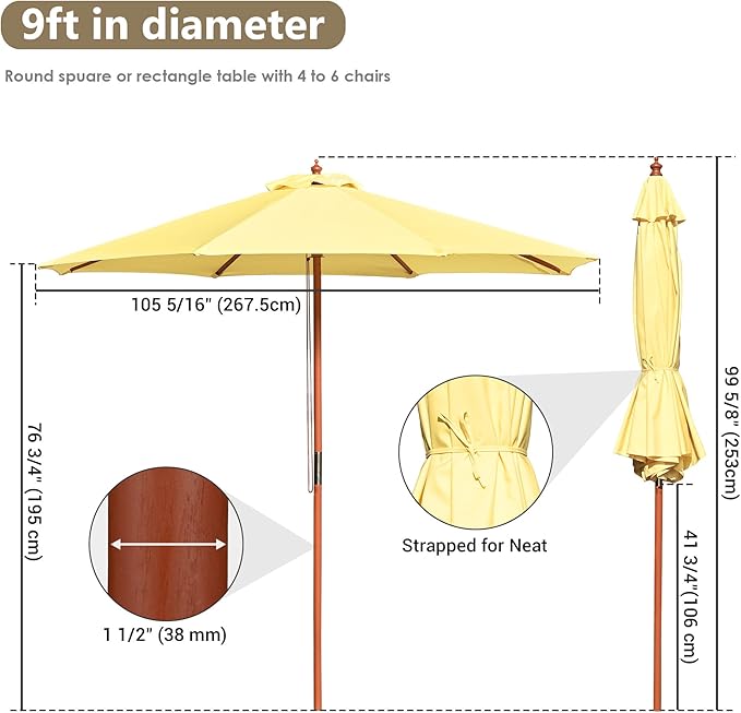 Yescom 9ft Coastal Solid Wood Umbrella Pulley Lift Commercial Base with Wheel Included for Seaside Restaurant Terrace Poolside Beach Club