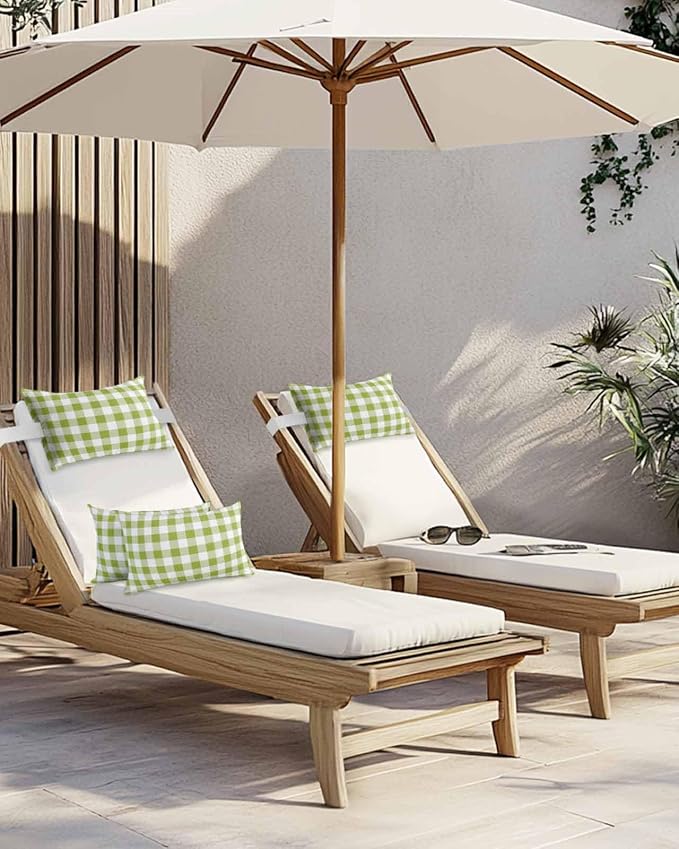 Pack of 4 Outdoor Lumbar Pillow Covers 12x20 Inch, Green Plaid Waterproof Throw Pillow Covers Set, Gradient Geometric Buffalo White Checkered Indoor&Outdoor Cushion Cases for Patio Porch Beach