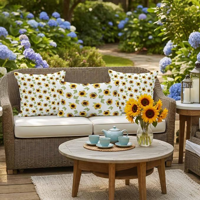 Sunflower Waterproof Outdoor Pillow Covers Set of 2 Home Decor, Yellow Green Botanical Farm Plant Leaves Pillowcase Patio Pillow Covers for Couch Bench Furniture Garden 20x12in