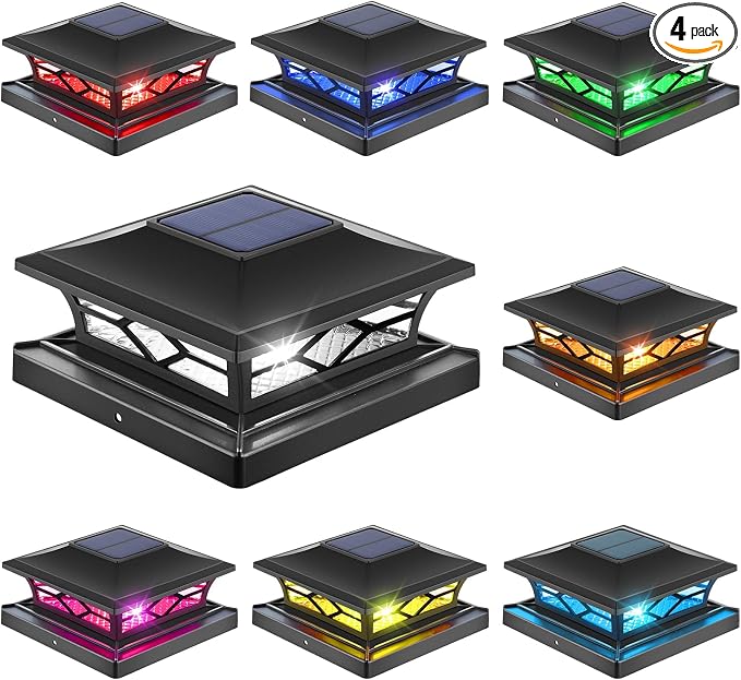 APONUO Solar Post Cap Lights with 8 RGB Colors and Multicolor Flow, Ultra-Bright Clear Lens, IP65 Waterproof for 4x4 5x5 6x6 Wood & Vinyl Fence Posts, 8 Pack Black