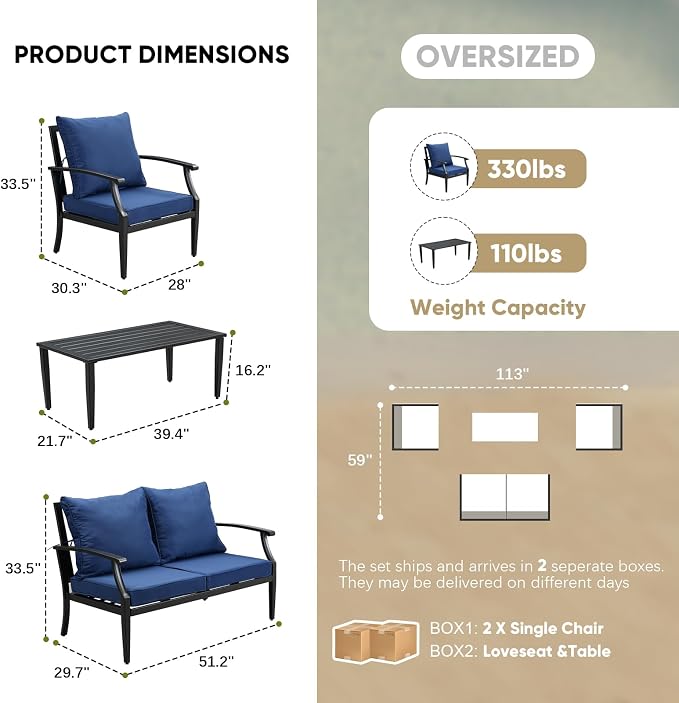 JOYURE 4 Pieces Patio Furniture Set w/loveseat,Coffe Table,Outdoor Conversation Metal Sofa with High Back and Thick Cushion,for Backyard,Garden,Navy