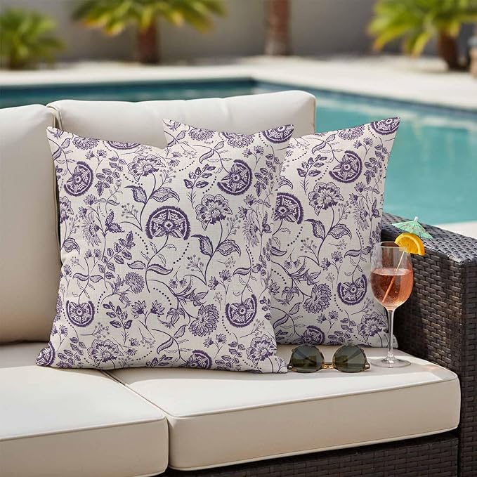 Outdoor Pillow Covers 18x18 Set of 2, Purple Spring Floral Waterproof Patio Throw Pillow Covers for Couch Sofa Chair, Summer Botanical Farmhouse Decorative Pillowcases for Throw Pillows