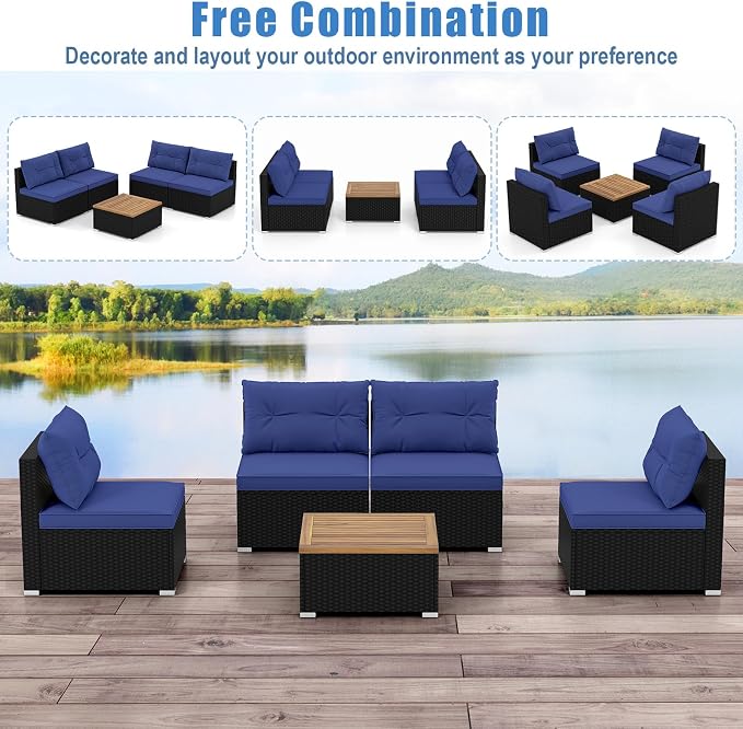HAPPYGRILL 5 Pieces Patio Rattan Sofa Set, Outdoor Furniture Set with Seat & Back Cushions, Square Coffee Table with Acacia Wood Tabletop, Wicker Patio Conversation Set, Navy