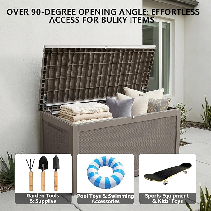 320 Gallon Outdoor Storage Box, Waterproof Resin Deck Box with Lockable Lid Large Storage Bin for Patio Furniture Cushion, Garden Tools, Pool Accessories UV-Resistant Outside Delivery, Gray