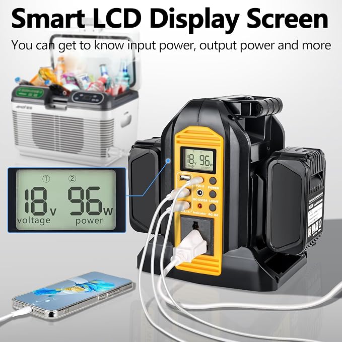 350W Portable Power Supply Inverter Power Adapter Compatible with Dewalt 20V Li-ion Battery, DC 20V to AC 120V Converter with AC Output, USB Port, Type-C Port, 300LM LED Light for Camping Emergency